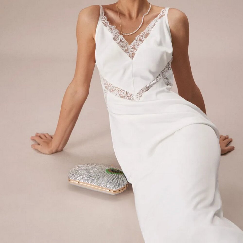NWT RIHOAS White Sleeveless V Neck Lace Trim Slip Maxi Dress M